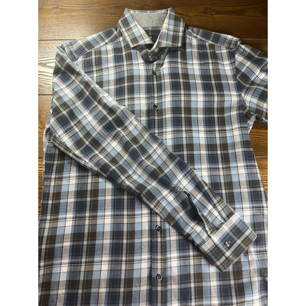 Hugo Boss Men's Blue Plaid Slim Fit Button-Down Shirt Long Sleeve Size Medium